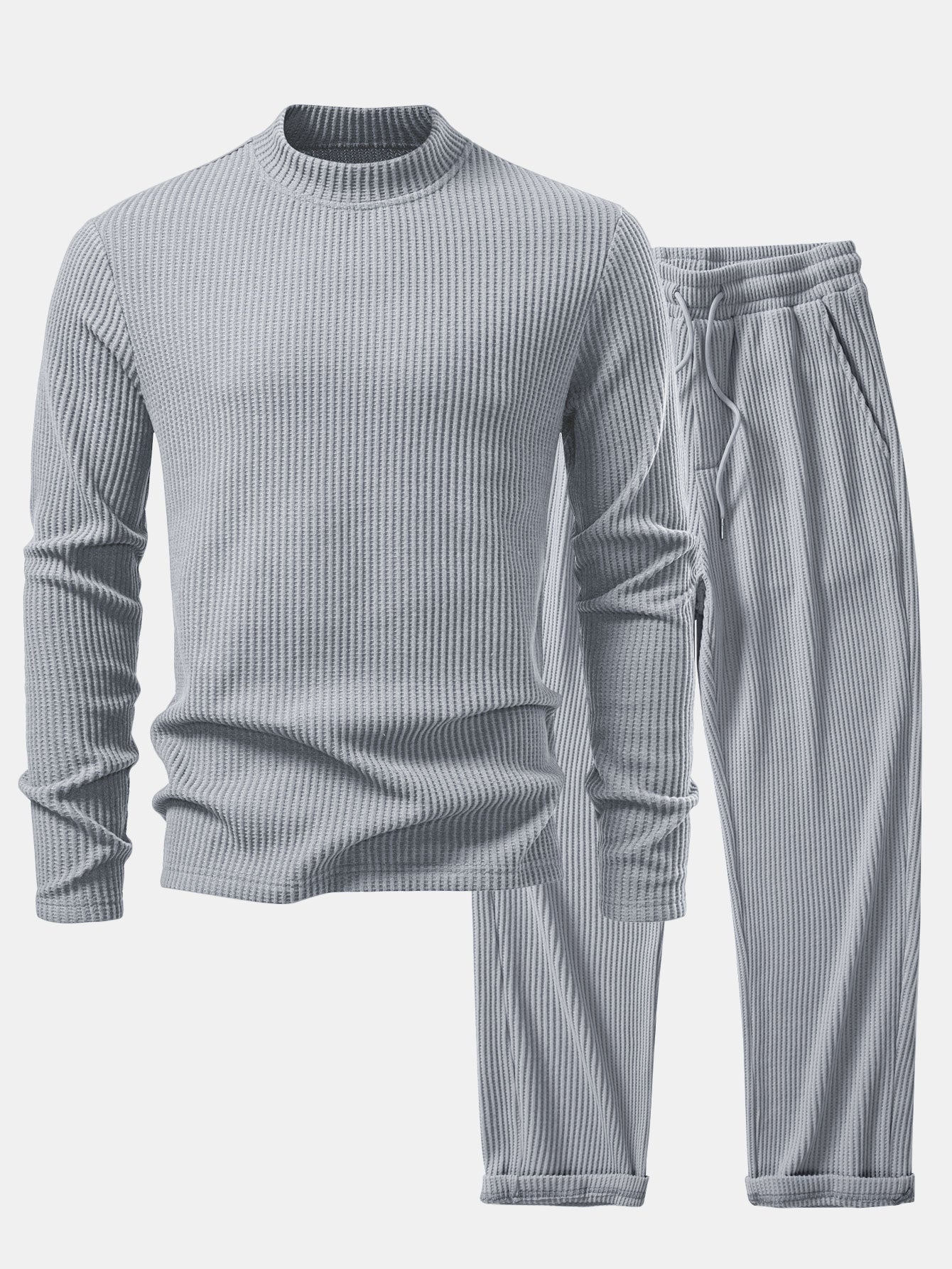 Long Sleeve Waffle Mock Neck T-Shirt & Drawstring Knitted Waffle Pants