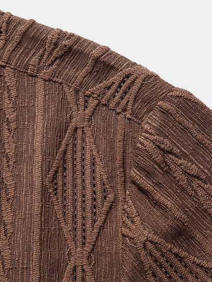Geometric Jacquard Eyelet Cuban Shirt & Crinkle Textured Straight Leg Pants