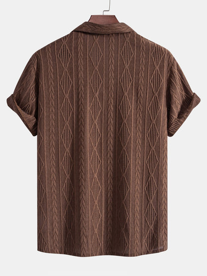 Geometric Jacquard Eyelet Cuban Shirt & Crinkle Textured Straight Leg Pants